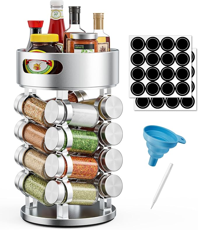 2 Tier Rotating Spice Rack Set With 16 Jars and Extra Top Tray, Revolving Spice Tower Organizer for Kitchen Spice and Seasonings, Aluminum Spice Tower,Reusable Labels, White Pen and Funnel Included