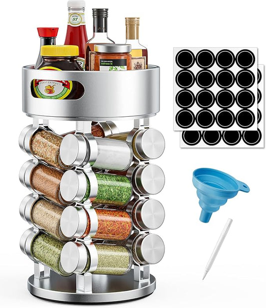 2 Tier Rotating Spice Rack Set With 16 Jars and Extra Top Tray, Revolving Spice Tower Organizer for Kitchen Spice and Seasonings, Aluminum Spice Tower,Reusable Labels, White Pen and Funnel Included