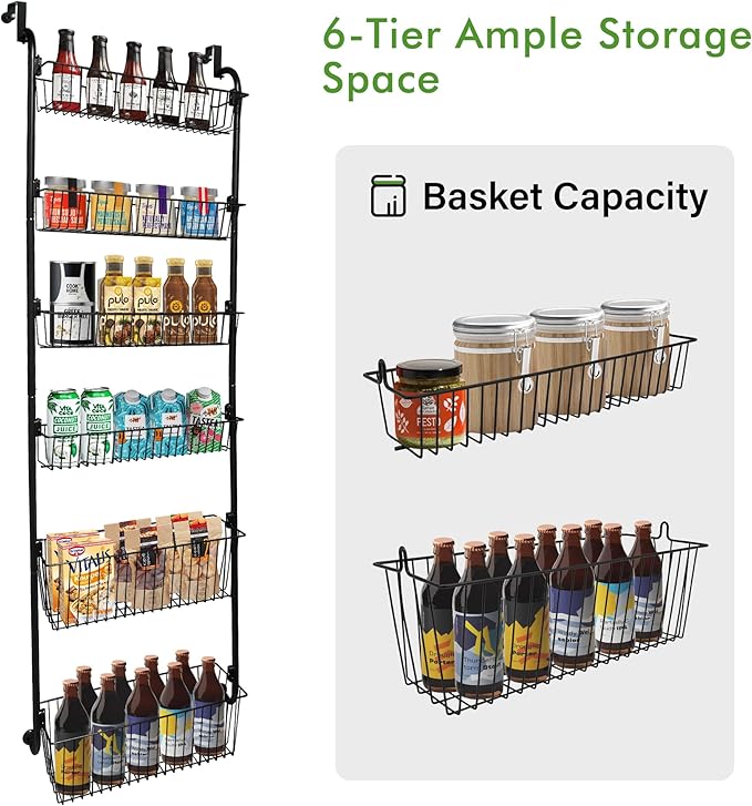 COOLFXEND Over the Door Pantry Organizer,6-Tier Pantry Door Organizers and Storage,Metal Over the Door Spice Rack for Pantry/Kitchen,Space Saving,Easy to Install,Black(4x4.72+2x5.9 Width Baskets)