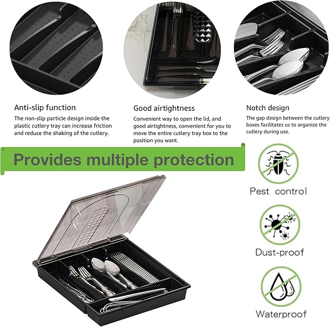 Silverware Container with Removable Lid, Countertop silverware holders Plastic Silverware Tray for Drawer, 5 Compartments Flatware Organizer (Black)