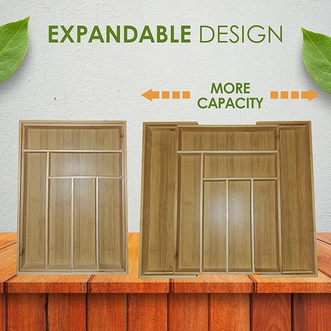 Bamboo Silverware Drawer Organizer with 7-Piece Bamboo Spoons for Cooking Set Non Toxic | Adjustable Drawer Tray & Eco-Friendly| bamboo Kitchen Organizer and Cooking Utensils