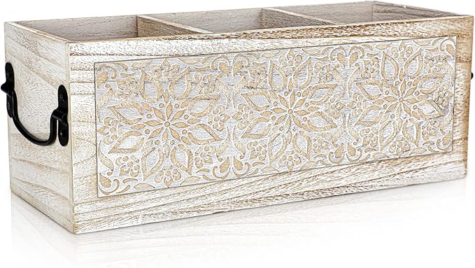 Amyhill Wooden Utensil Caddy for Kitchen Countertop Multi Purpose Wooden Desk Organizer Cutlery Caddy Flatware Silverware Organizer for Office Bathroom Dining Table Gift, 3 x 5 x 5 Inch