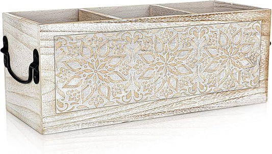 Amyhill Wooden Utensil Caddy for Kitchen Countertop Multi Purpose Wooden Desk Organizer Cutlery Caddy Flatware Silverware Organizer for Office Bathroom Dining Table Gift, 3 x 5 x 5 Inch