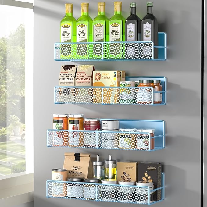 Magnetic Spice Rack for Refrigerator, 4 Pack Metal Magnetic Shelf Blue, Moveable Spice Organizer, Super Magnetic Fridge Shelf for Kitchen Organization and Storage