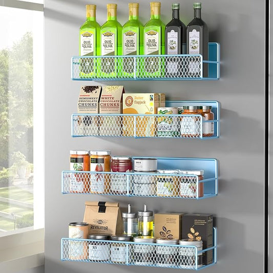 Magnetic Spice Rack for Refrigerator, 4 Pack Metal Magnetic Shelf Blue, Moveable Spice Organizer, Super Magnetic Fridge Shelf for Kitchen Organization and Storage