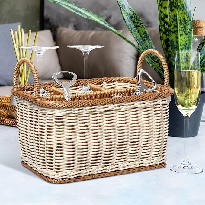 Cabilock Wicker Flatware Organizer, Cutlery Holder for Countertop, Woven Cutlery Storage with Handles, 4 Compartments Utensil Tableware Basket