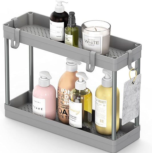 Simple Houseware 2-Tier Under Sink Organizer Storage Tray with Hooks, Grey