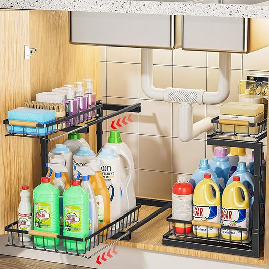 Delamu 2 Pack Under Sink Organizer and Storage, 2 Tier Pull Out Cabinet Organizer, Slide Out Under Sink Storage Shelf, Undersink Organizers Shelves for Kitchen Bathroom Pantry Organization