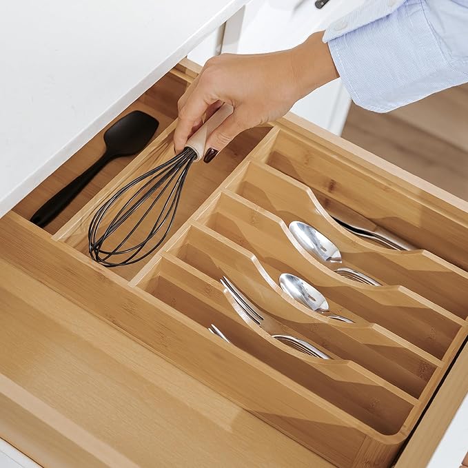 Silverware Organizer - Cutlery, Flatware, and Utensil Holder for Kitchen Drawers, Fixed 10.5” Width, 7 Storage Compartments, Non-Slip Feet, Rounded Corners, 100% Bamboo