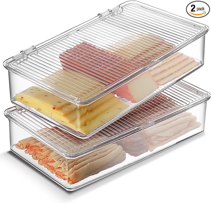 Tafura Bacon Container For Refrigerator (2 Pack) Fridge Storage Organizer | Cheese & Deli Storage Container | Bacon Keeper | Cold Cuts Meat Saver | Cheese Holder, BPA Free