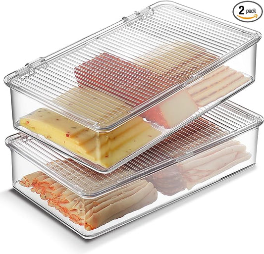 Tafura Bacon Container For Refrigerator (2 Pack) Fridge Storage Organizer | Cheese & Deli Storage Container | Bacon Keeper | Cold Cuts Meat Saver | Cheese Holder, BPA Free