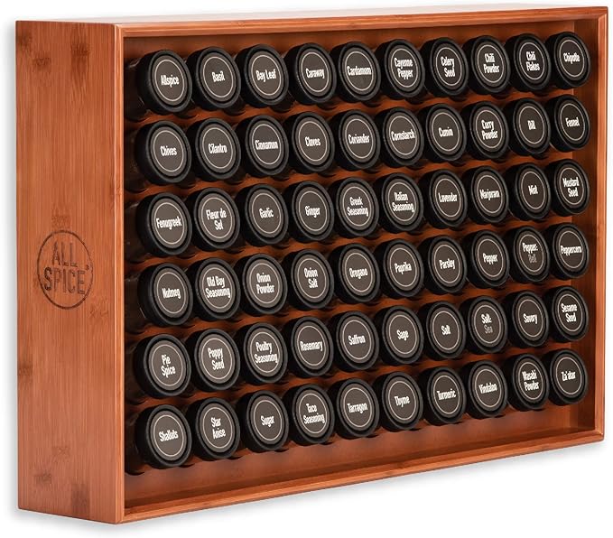AllSpice Wood Spice Rack Organizer, 525 Unique Labels, Countertop or Wall Mount, Includes 60 4oz Jars- Cherry Stain
