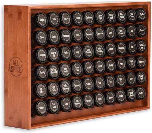 AllSpice Wood Spice Rack Organizer, 525 Unique Labels, Countertop or Wall Mount, Includes 60 4oz Jars- Cherry Stain