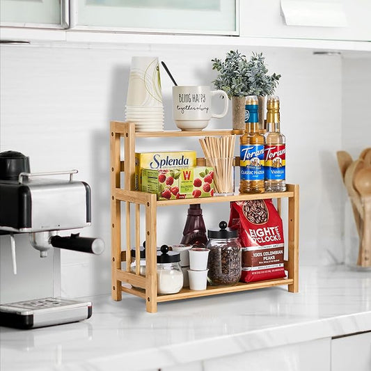 Sorbus Coffee Bar Organizer - Bamboo Wooden Storage Shelf for Kitchen Countertop - Coffee Station Accessories Rack for Mugs, Cream, Syrup, Cups, Spices, Kitchen Condiments (3-Tier)