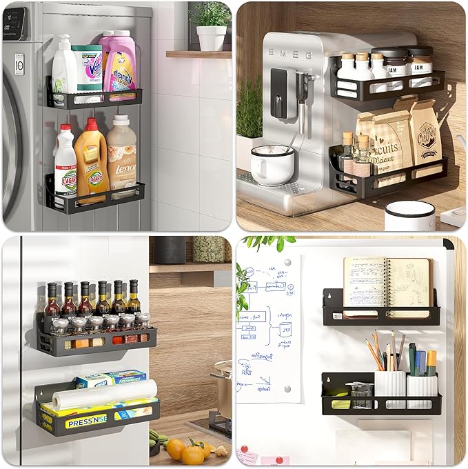 Magnetic Spice Rack for Refrigerator, 4 Pack Premium Plastic Spice Rack Organizer,Magnetic Fridge Shelf Seasoning Rack,Perfect Kitchen Organization and Storage (Black)