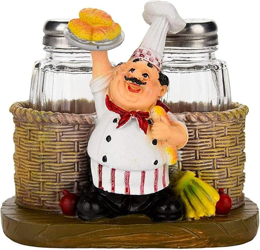 Salt and Pepper Shakers Set,Sitting Chef Decorative Statue Spice Organizer,Glass Spice Jars with Holder Figurine Gift for Family,Kitchen,Restaurant, Cafe,Bakery (Bread)