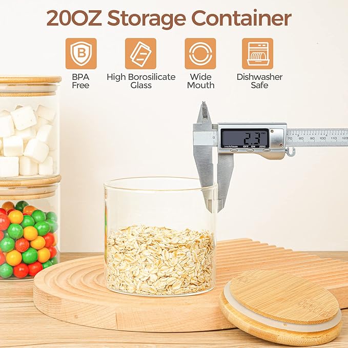 ComSaf Airtight Glass Food Storage Jars Set of 6, 20oz Clear Glass Food Storage Container with Sealing Wooden Lid, Stackable Spice Jar, Round Kitchen Canister for Sugar, Tea, Coffee bean, Pasta, Oat