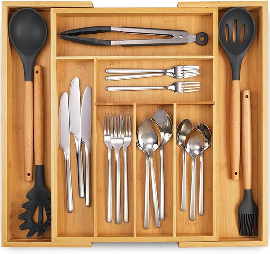 Masirs Expandable Bamboo Kitchen Drawer Organizer - Adjusts to Fit Drawer Size, Ideal for Silverware, Utensils, and Office Supplies, Durable Bamboo Construction