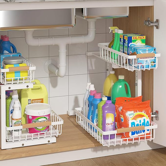 ADRIMER Under Sink Organizer 2 Packs, Pull Out Kitchen Sink Organizer, 2 Tier Slide Out Kitchen Organizers and Storage Bathroom Under Cabinet Storage Shelf, White
