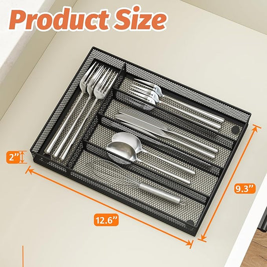 Kitchen Drawer Organizer Flatware Organizer，Drawer Dividers with 5 Compartment，Silverware Organizer Metal Mesh Cutlery Tray Mesh Organizer (9.3" x 12.6 ")