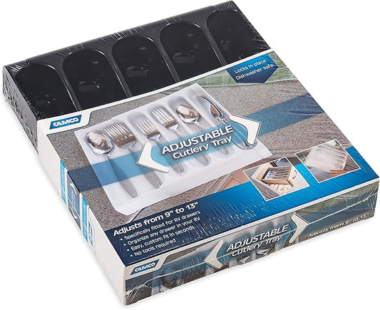 Camco 43504 RV Adjustable Cutlery Tray, Black - Easily Organize and Store Your Kitchen Flatware - Create a Custom Fit to Your Drawer