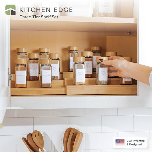 Expandable Spice Rack Organizer for Cabinet, 3-Tier Shelf for Spice Organization (11” to 22”), Fits 36 Spice Jars, Seasoning and Pantry Storage, Non-Slip Feet, 100% Bamboo Wood