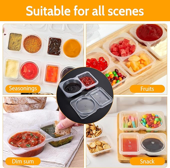 Double Compartment Condiment Containers, 20 Sets, Portion Cups with Lids for Sauce and Snacks (20)