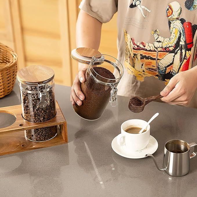 Yangbaga Glass Sugar Coffee Containers with Shelf, 2 x 45OZ Coffee Bean Canister Storage Station Organizer with Airtight Locking Clamp and Log Coffee Scoop, Large Capacity Food Storage Jar for Kitchen