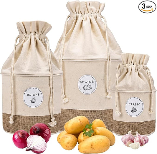 Meraki Home Potato Onion Garlic Storage Containers - Farmhouse Kitchen Storage Organization Pots - Sustainable Jute Cotton Vegetable Baskets Bins - Drawstring Holder