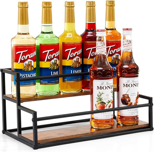 Coffee Syrup Organizer, 2-Tier 10 Syrup Bottles Rack for Coffee Bar, Liquor Bottle Display Shelf Holder Bar Shelf Stand Countertop Rack for Syrup, Wine, Spice