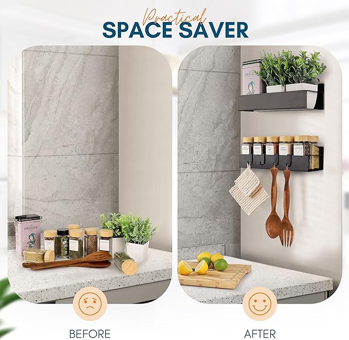 Magnetic Spice Rack for Refrigerator - Strong Magnetized Shelf for Fridge Storage - 2 Pack with Bonus Storage Cups and 4 Moveable Hooks - Versatile Space-Saving Kitchen Organizer Shelves