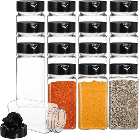 Bekith 16 Pack 9 oz Plastic Spice Jars with Black Cap, Plastic Spice Bottles Empty Seasoning Containers for Storing Spice, Herbs and Powders