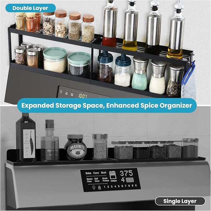 OTraki 2 Tier Strong Magnetic Oven Shelf 30 Inch Length Spice Rack Over The Stove Shelf with 2 Anti-Slip Mats Seasoning & 4 Hooks Kitchen Spice Storage Organizer Black