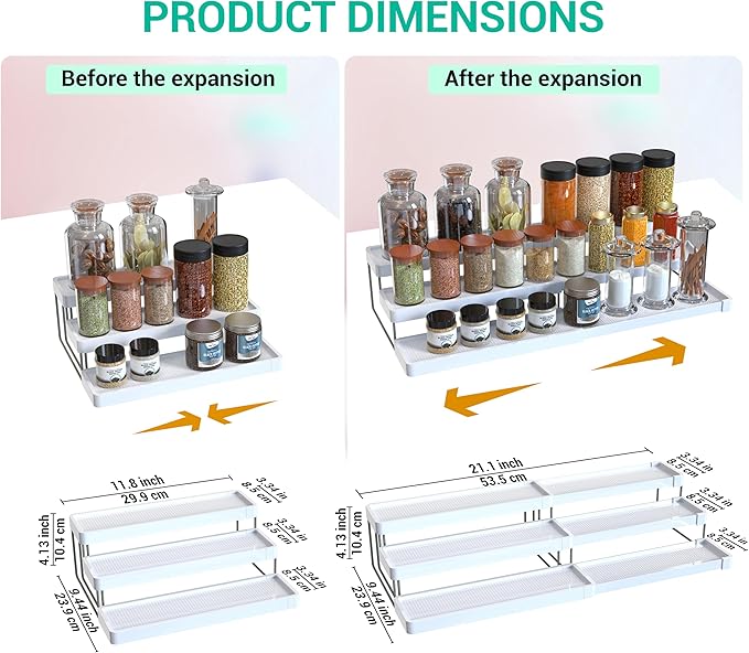 YAN & HIN Pack of 2 Expandable Spice Rack - Cabinet Organizer and Seasoning Organizer for Kitchen - Adjustable Storage Solution for Countertops and Shelves - Durable and Versatile Design