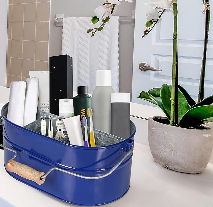 Alpha Living Home 4-Section Galvanized Utensil Caddy – Cobalt Blue Farmhouse Organizer with Removable Handle, 13.5"x10"x5.5" – Versatile Storage for Kitchen, Outdoor & Party Essentials