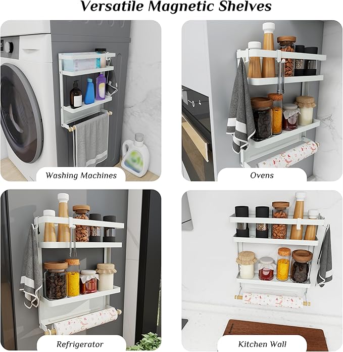 Magnetic Spice Rack 2-Tier Refrigerator Storage Organizer with Removable Paper Towel Holder - White