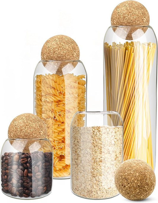 HOMEARAY Glass Food Storage Jars with Lids – Premium Transparent Cereal Jars Storage with Ball Cork Lid – Flour and Sugar Jars with Cork Stopper – Ideal for Storing Your Food