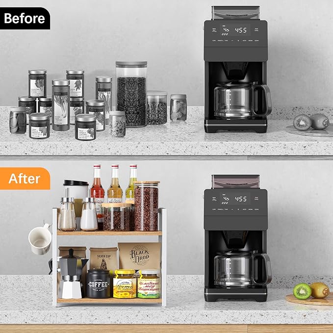 Spice-Rack-Organizer-Shelf for Kitchen Counter, 2 Tiers Coffee Bar Station Organizer for Countertop，Space Saving Desk Shelving Riser Unit (Maple, Medium)