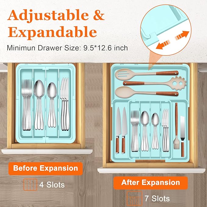 Silverware Organizer Expandable Silverware Drawer Organizer Adjustable Drawer Organizer, Flatware Cutlery Tray for Spoons Forks Knives Kitchen Organizers Storage,Turquoise