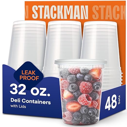 Stack Man [48 Sets - 32 oz. Plastic Deli Disposable Food Storage Containers with Airtight Lids
