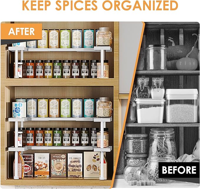 DOLALIKE Expandable Spice Rack Organizer, Stackable Cabinet Shelf Organizer Rack, Space Saving Kitchen Seasoning Organizer Storage for Home Pantry Cupboard (White)