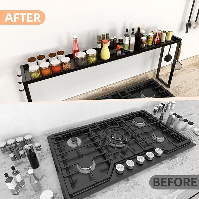 Over the Stove Shelf, 31.5" Stove Top Shelf Spice Rack, Kitchen Countertop Organizer with 6 Hooks, Seasoning Organizer, Black