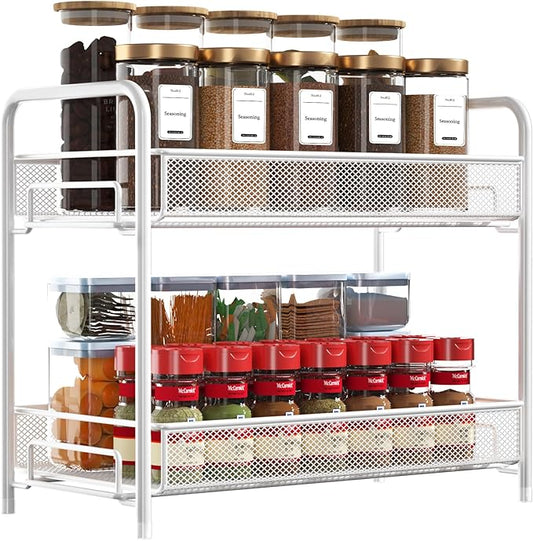 Spice Rack Organizer for Countertop,Xpatee 2-Tier Foldable Metal Rust-Proof Standing Large Seasoning Storage Shelf with Guardrail and Mesh Design for Kitchen Cabinet Bathroom Living Room Pantry, White