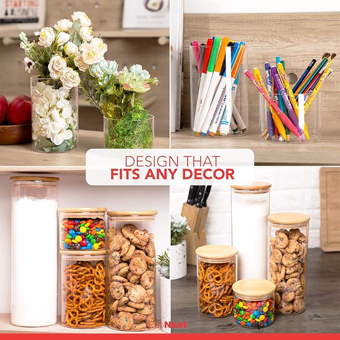 EatNeat Set of 4 Glass Canisters with Airtight Bamboo Lids - Stylish Kitchen Countertop Containers for Storage - Modern Jars for Food Organization - Clear and Natural Finish, Various Sizes