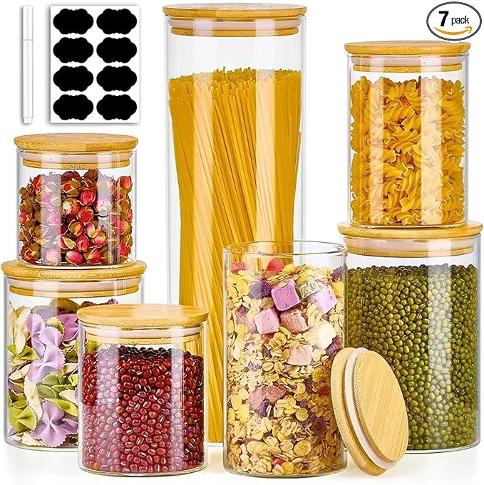 7 Pack Thicker Glass Food Storage Jars with Airtight Bamboo Lids, Clear Glass Storage Containers, Glass Canisters Set for Pasta, Nuts, Coffee Beans, Kitchen Pantry Organization Jar, BPA Free