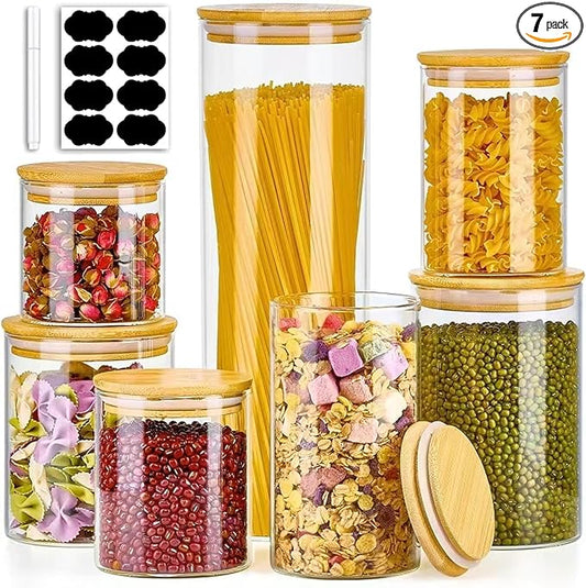 7 Pack Thicker Glass Food Storage Jars with Airtight Bamboo Lids, Clear Glass Storage Containers, Glass Canisters Set for Pasta, Nuts, Coffee Beans, Kitchen Pantry Organization Jar, BPA Free
