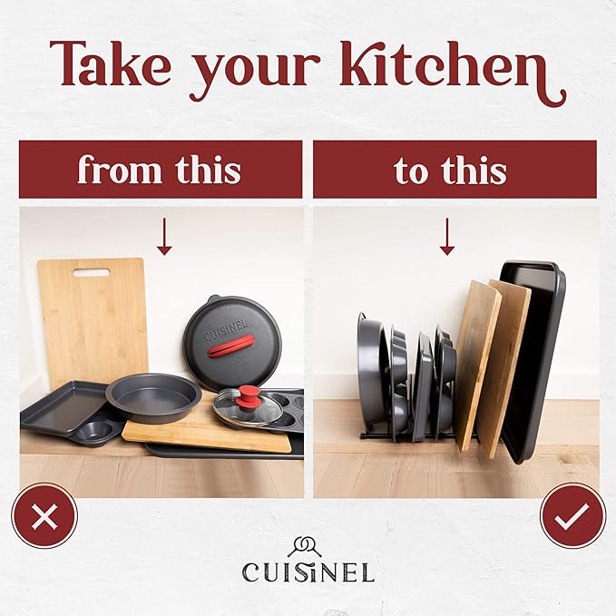 Cuisinel Lid and Dish Organizer Rack - 2-Pack Matte Black Kitchen Storage Organization Stand - Plate Holder, Pan/Pots Covers, Cutting Board and Cookie Sheet Divider - 7-Tier Cabinet/Counter Display