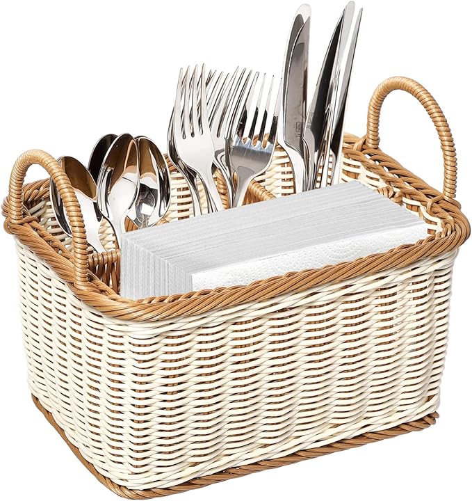 Cabilock Wicker Flatware Organizer, Cutlery Holder for Countertop, Woven Cutlery Storage with Handles, 4 Compartments Utensil Tableware Basket