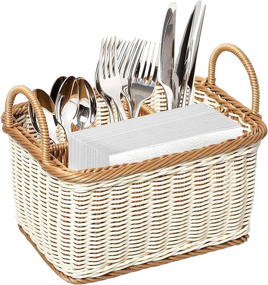 Cabilock Wicker Flatware Organizer, Cutlery Holder for Countertop, Woven Cutlery Storage with Handles, 4 Compartments Utensil Tableware Basket