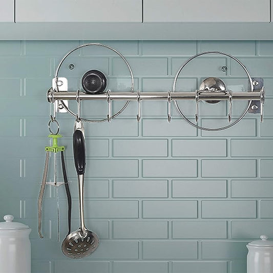 Dseap Kitchen Utensil Holder Hanger, Pot and Pan Rack wall mount, Kitchen Rail with 8 Hooks for Hanging Cooking Utensils, Mugs, Spoons, Wall Mounted, Stainless Steel, Chromed